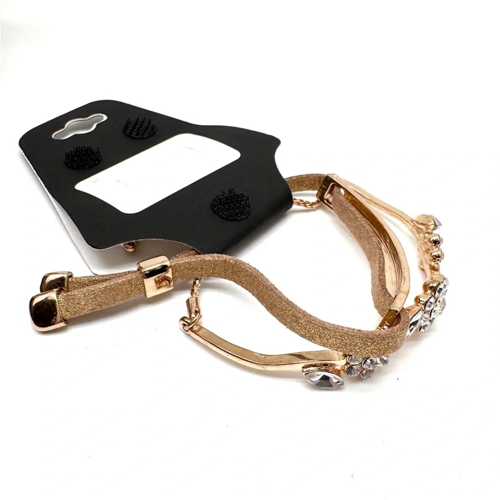 Gennaro Gold Tone Floral Crystal and Leather Bracelet Set